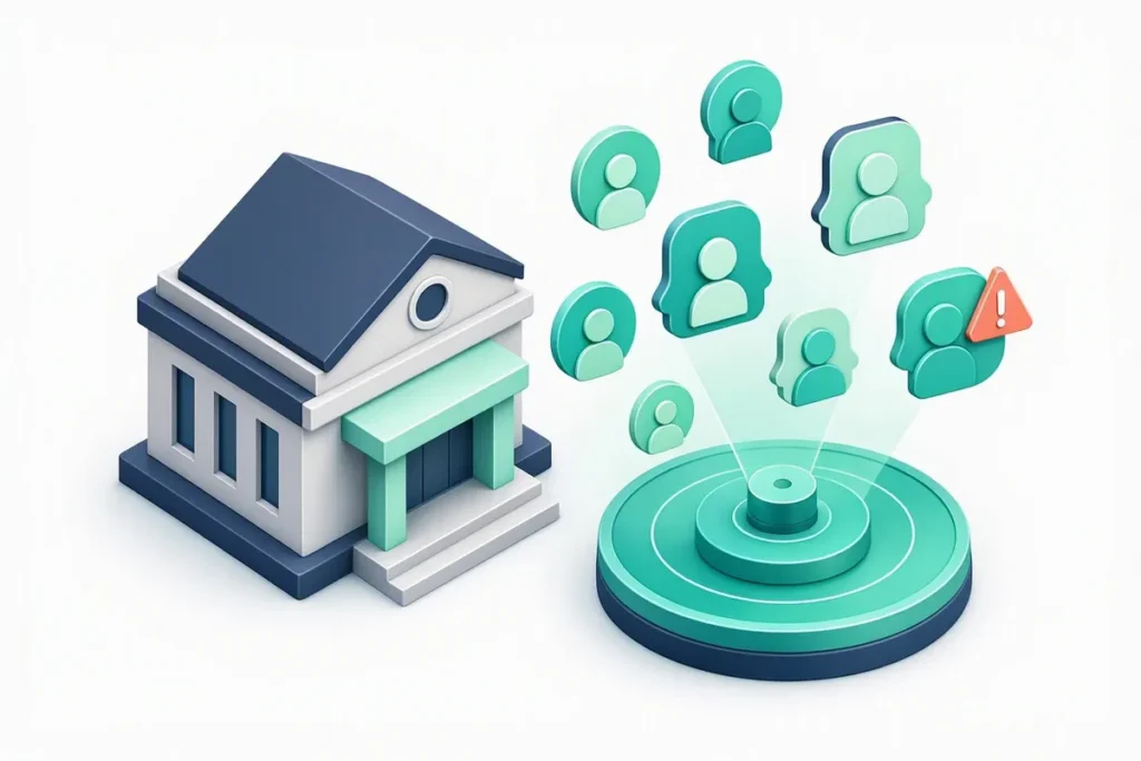 AML Screening for Banks: a bank building with a radar scanner screening abstract person and company profiles, one flagged with a warning icon
