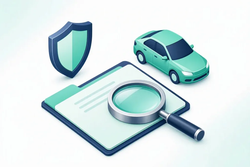 Insurance Claims Fraud Detection: an insurance claim folder inspected by a magnifying glass, with a car and a shield in the background