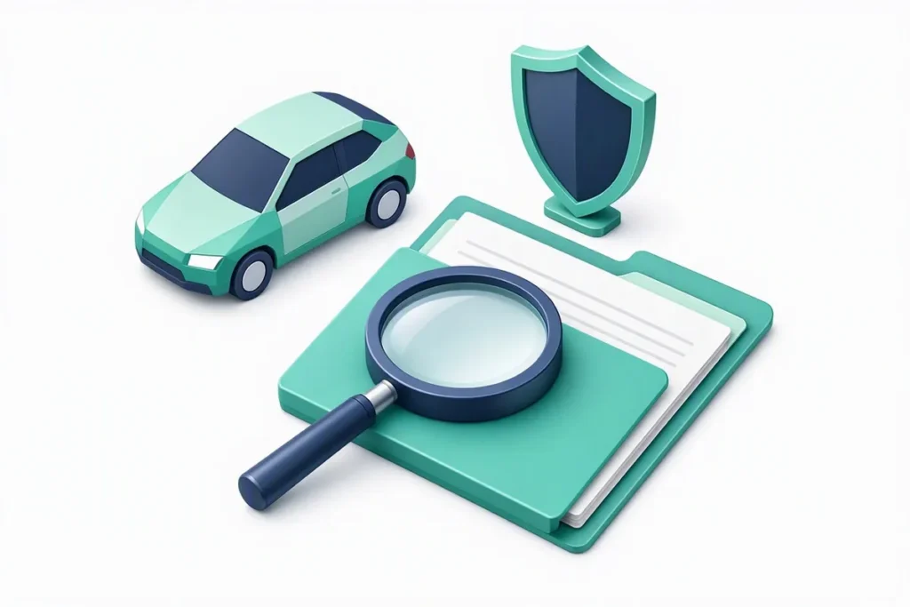 Insurance Claims Fraud Detection: an insurance claim folder inspected by a magnifying glass, with a car and a shield in the background