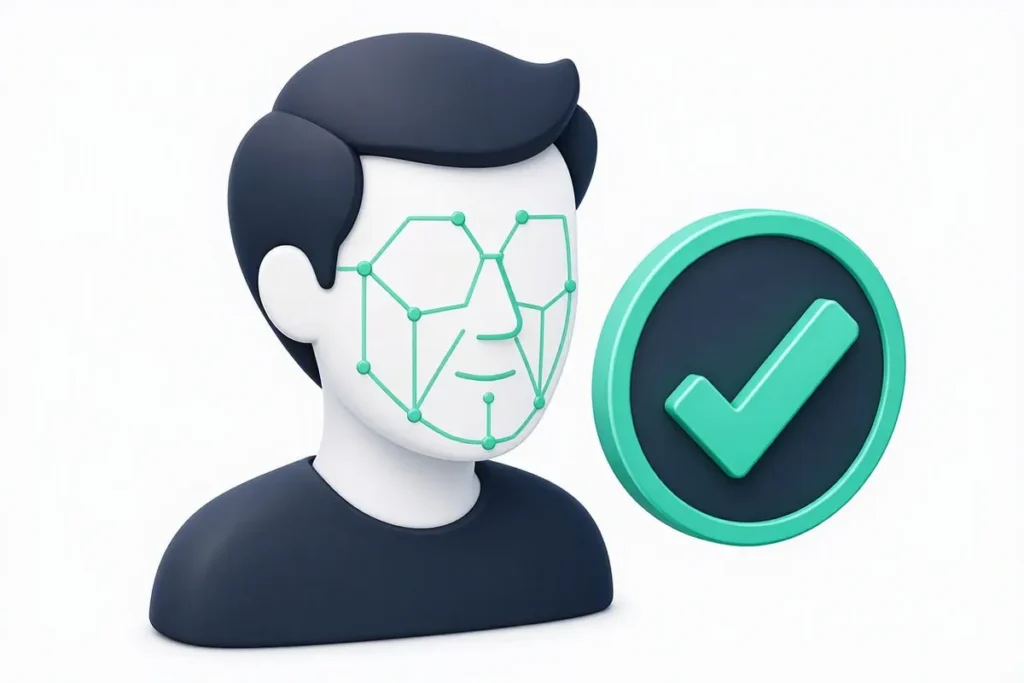 Insurance Claims Fraud Detection: a claimant profile verified by face matching lines and a checkmark