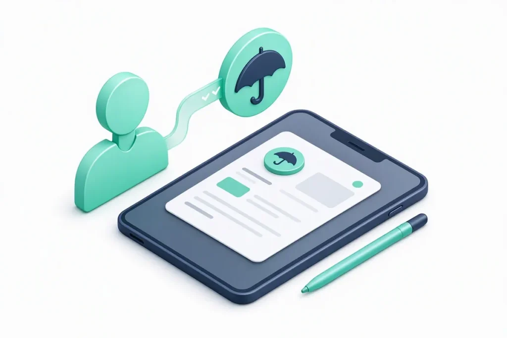 Digital KYC for Insurance: an insurance policy being issued on a tablet after identity verification, with an umbrella icon