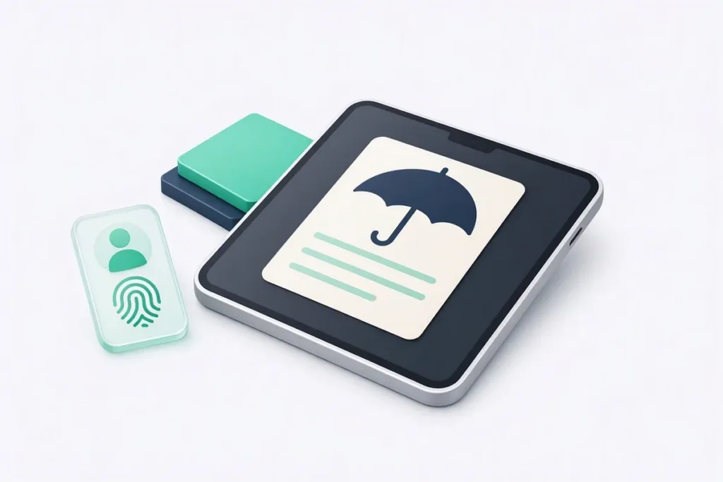 Digital KYC for Insurance: an insurance policy being issued on a tablet after identity verification, with an umbrella icon