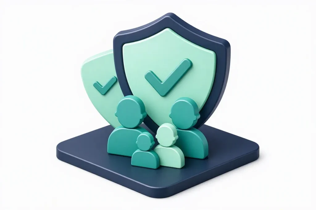 Digital KYC for Insurance: a family of profile icons protected by an umbrella shield with checkmarks