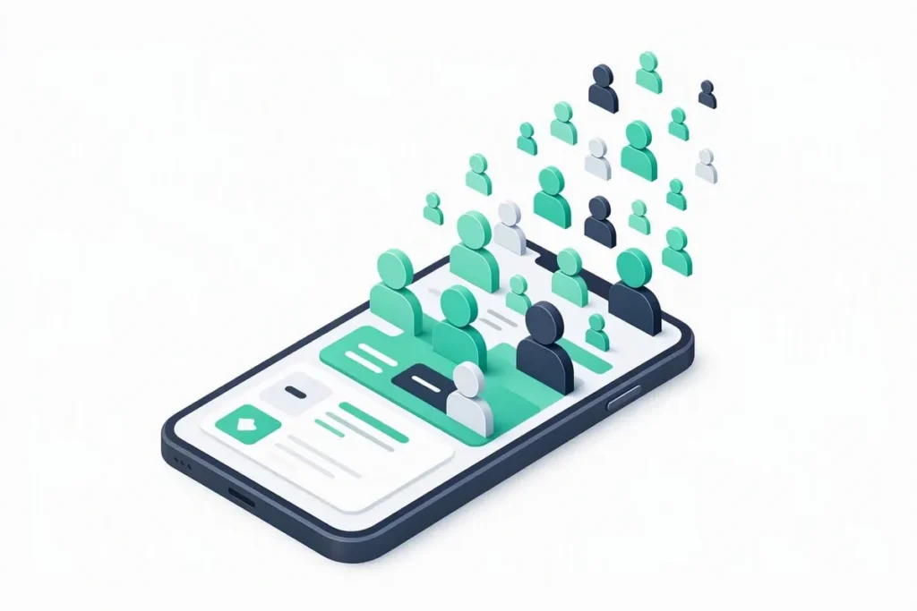 Neobank Customer Onboarding: a sleek mobile bank app onboarding many users quickly, with rising user icons