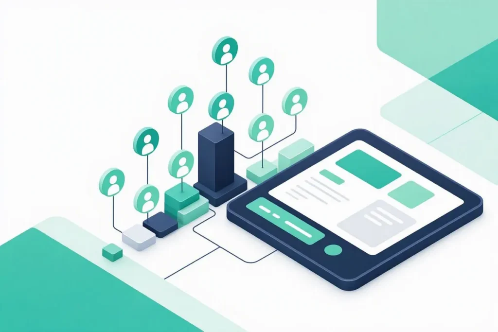 Neobank Customer Onboarding: a sleek mobile bank app onboarding many users quickly, with rising user icons