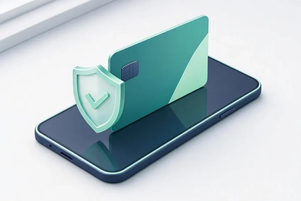 Neobank Customer Onboarding: a digital bank card emerging from a phone with a verification shield