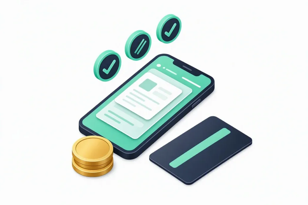 Identity Checks for Credit: a loan application on a phone passing through identity checks, with coins and a credit card