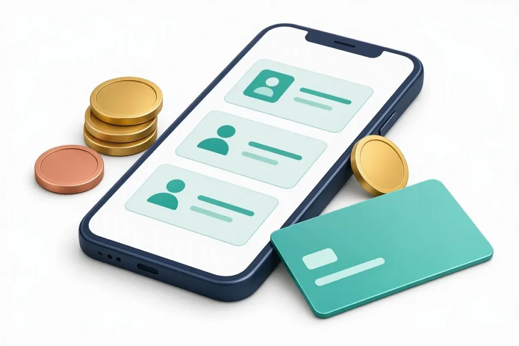 Identity Checks for Credit: a loan application on a phone passing through identity checks, with coins and a credit card