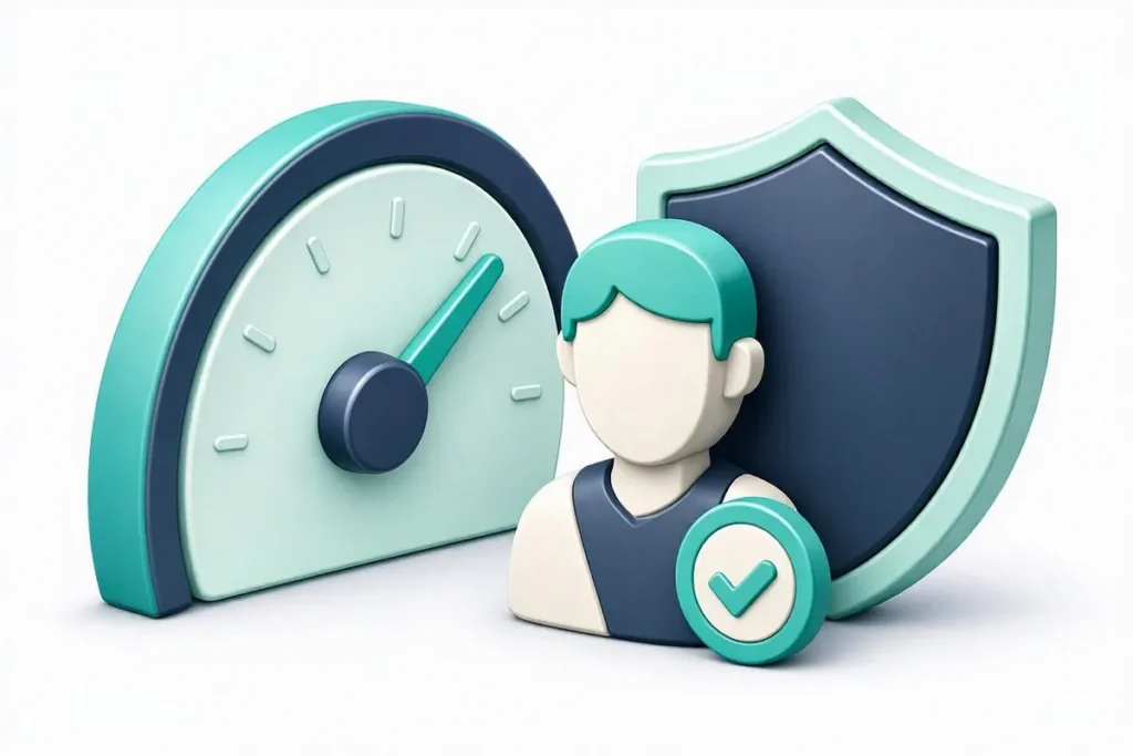 Identity Checks for Credit: a credit approval gauge next to a verified person profile and a shield