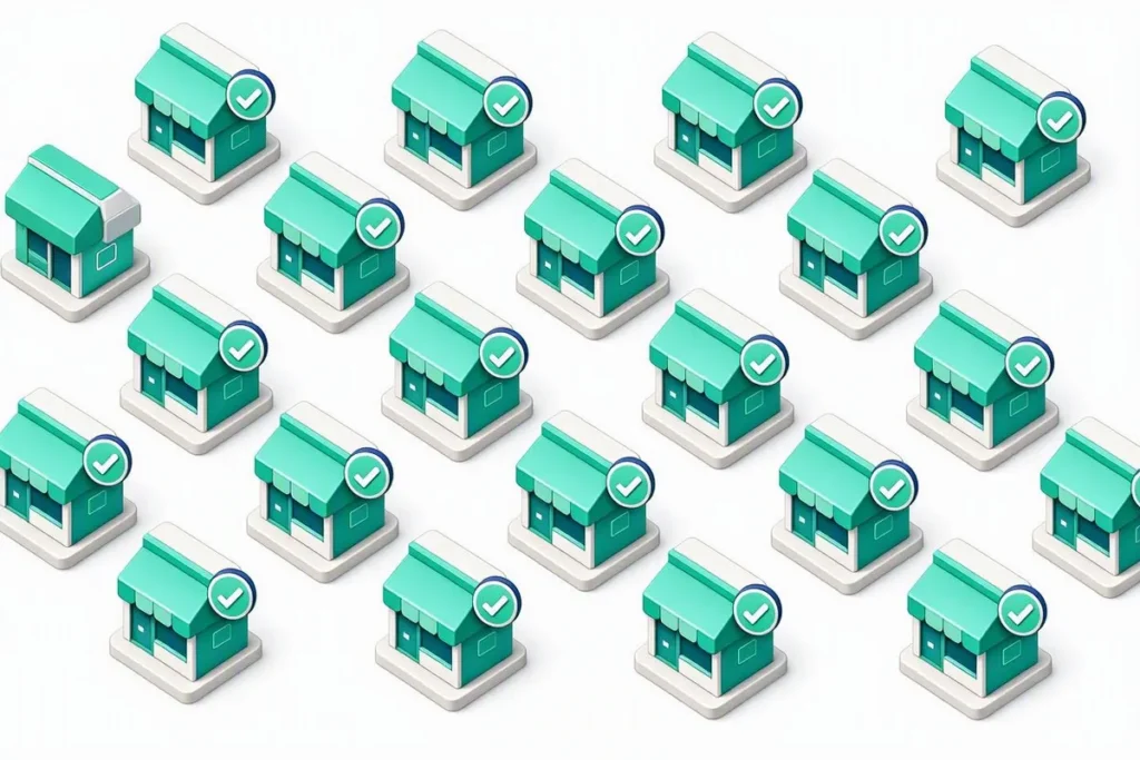 Marketplace Seller Verification: seller storefront icons on a marketplace grid, some verified with checkmarks
