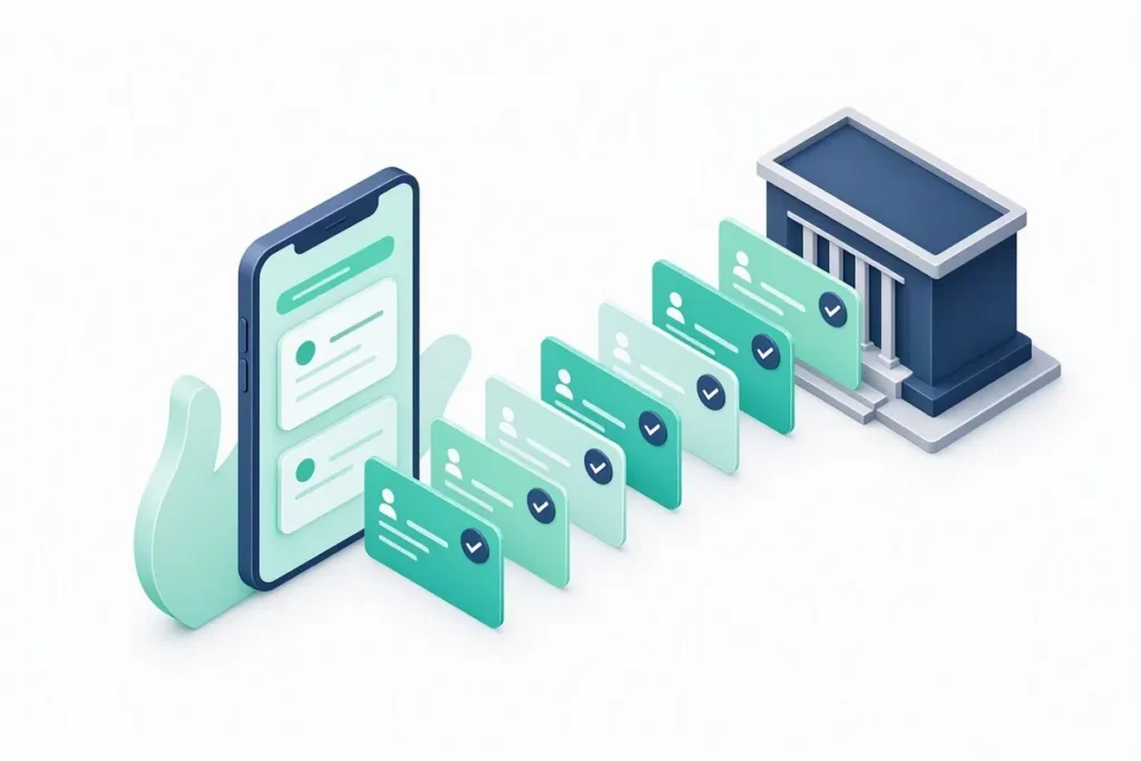 KYC Onboarding for Banks: a customer onboarding on a phone, profile cards flowing into a bank building with checkmarks