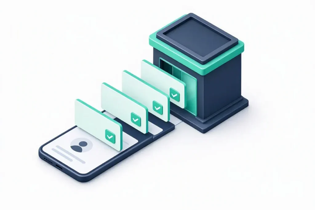 KYC Onboarding for Banks: a customer onboarding on a phone, profile cards flowing into a bank building with checkmarks