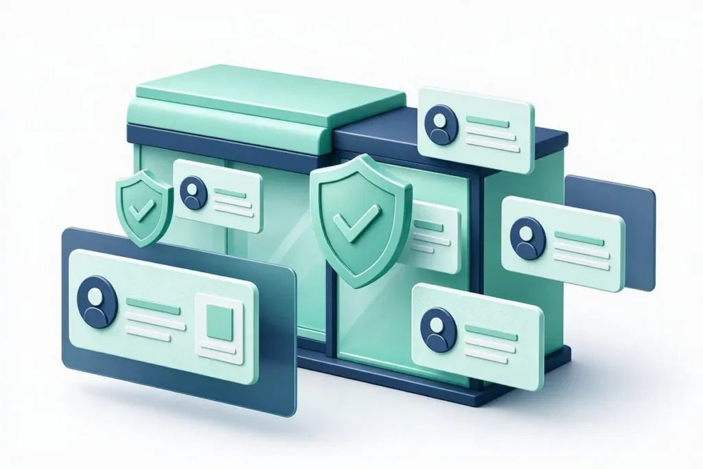 Ecommerce Seller Verification: an online marketplace storefront with seller profile cards being verified by a shield and checkmark before listing
