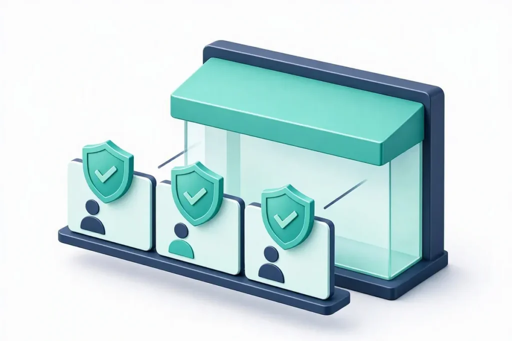 Ecommerce Seller Verification: an online marketplace storefront with seller profile cards being verified by a shield and checkmark before listing