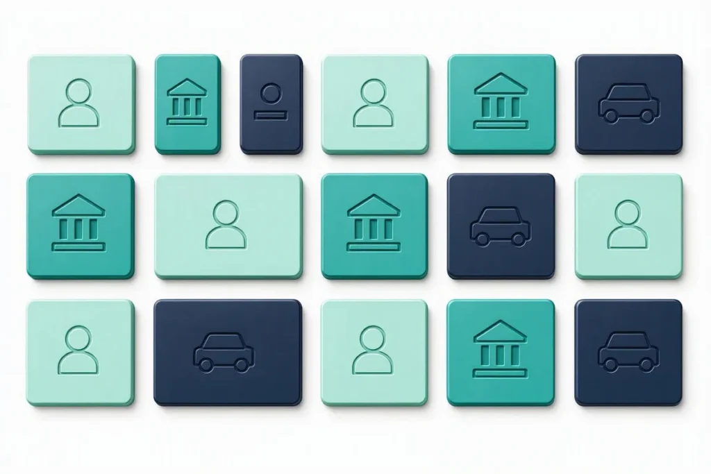 KYC Verification APIs: a catalogue wall of API building blocks with identity, bank and vehicle icons