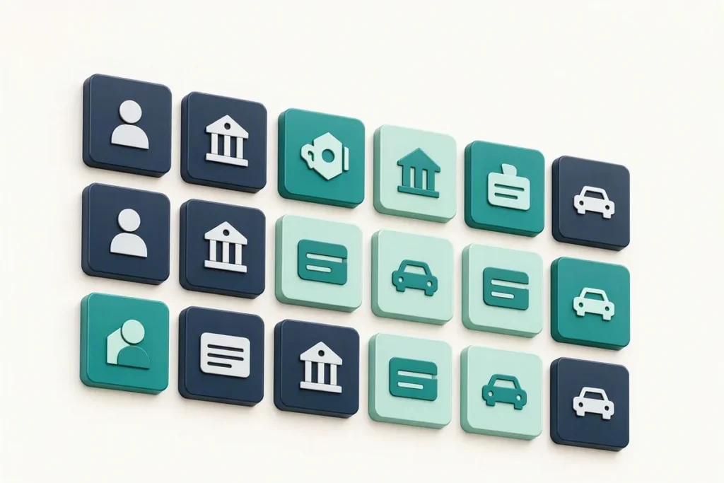 KYC Verification APIs: a catalogue wall of API building blocks with identity, bank and vehicle icons