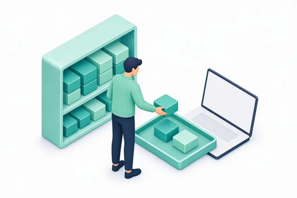 KYC Verification APIs: a developer picking API blocks from a shelf into a tray beside a laptop