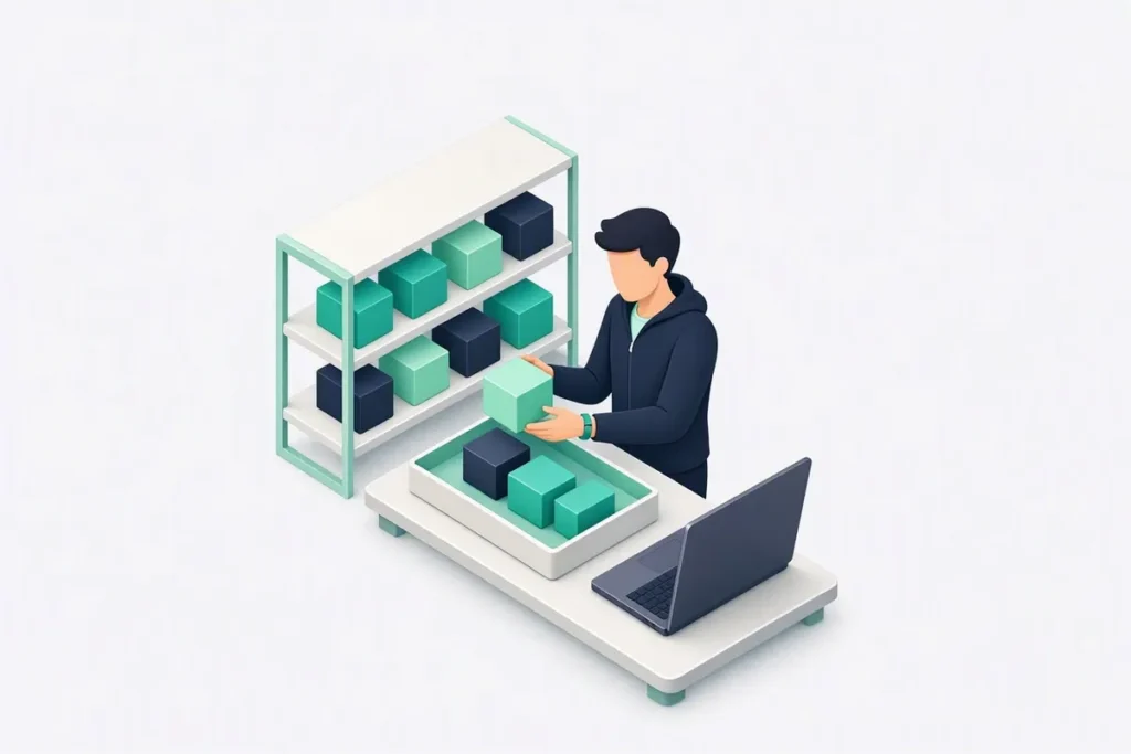 KYC Verification APIs: a developer picking API blocks from a shelf into a tray beside a laptop