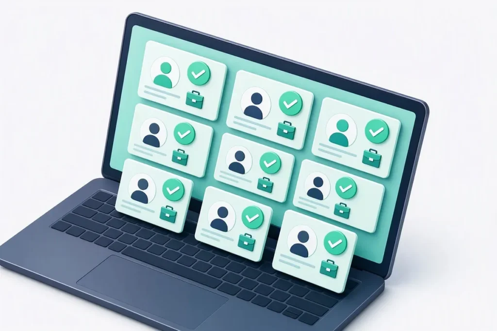 Employee Verification for HRTech: an HR dashboard on a laptop verifying candidate profile cards with briefcase icons and checkmarks