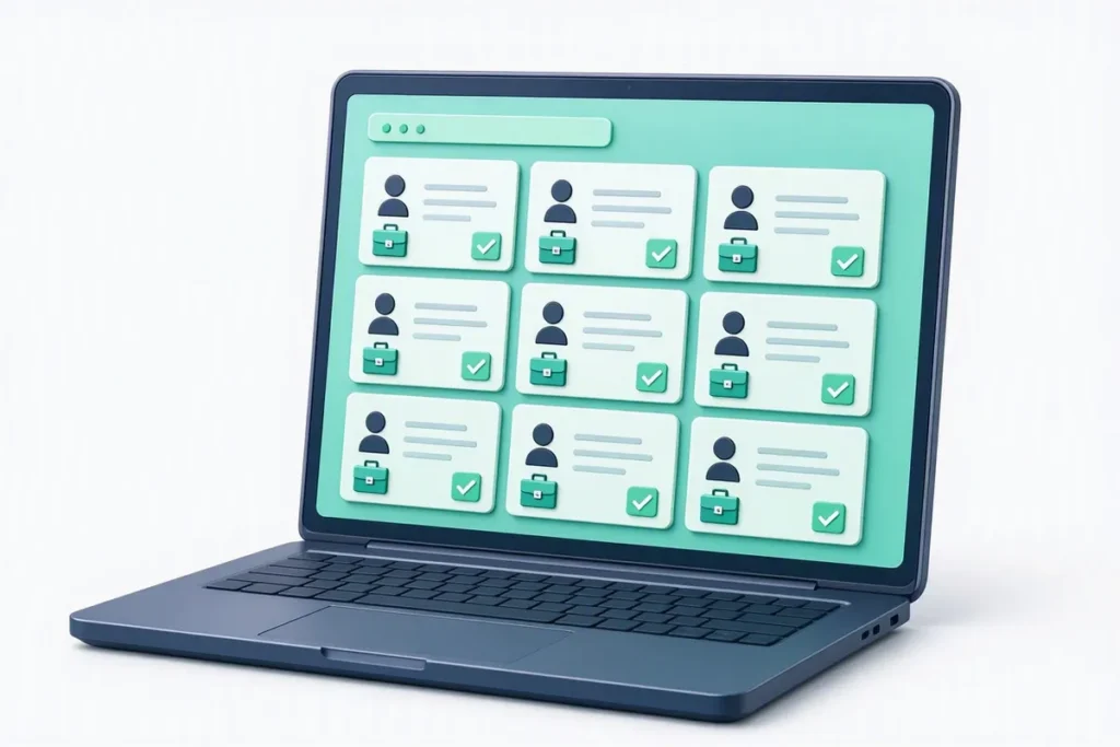Employee Verification for HRTech: an HR dashboard on a laptop verifying candidate profile cards with briefcase icons and checkmarks