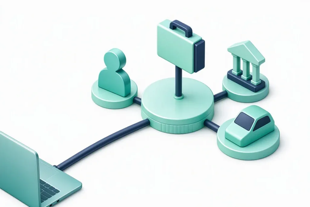 Identity Verification API Platform: a single cable connecting a laptop to a hub of identity, business, bank and vehicle icons