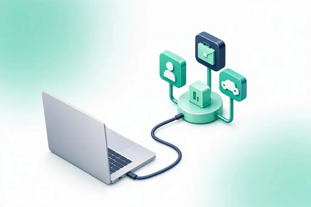 Identity Verification API Platform: a single cable connecting a laptop to a hub of identity, business, bank and vehicle icons