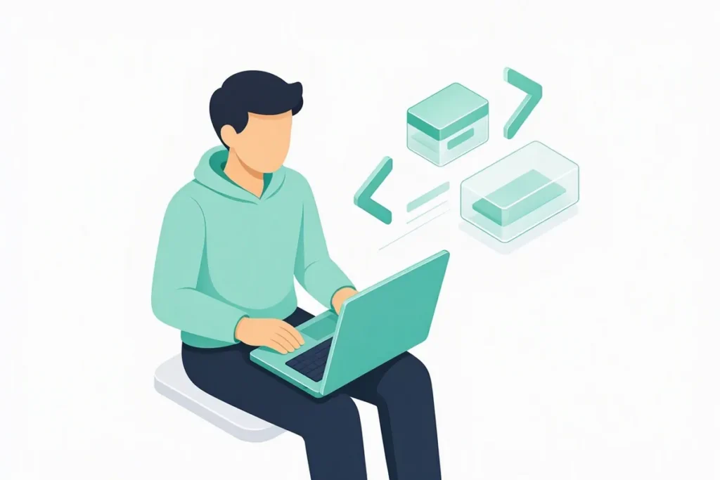 Developer-First API Platform: a developer at a laptop with code brackets and data blocks floating above