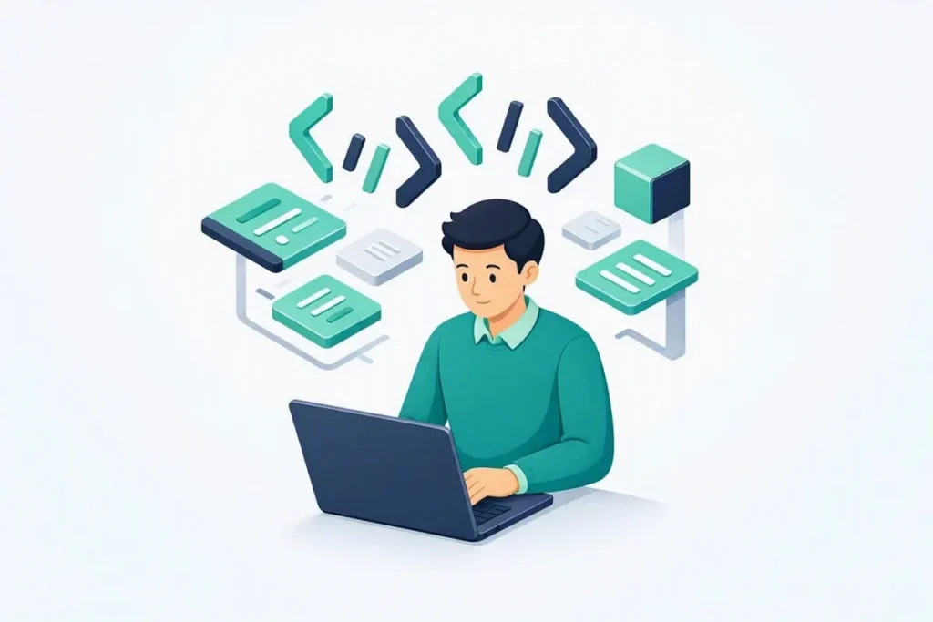 Developer-First API Platform: a developer at a laptop with code brackets and data blocks floating above