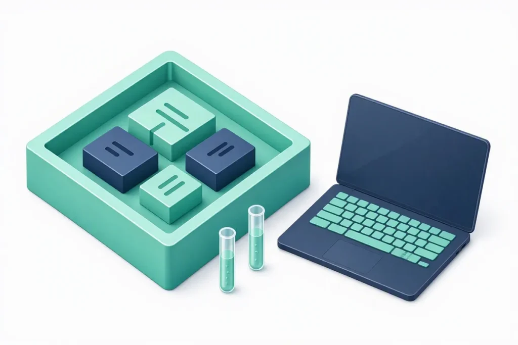 Developer-First API Platform: a sandbox box with code blocks and test tubes next to a laptop