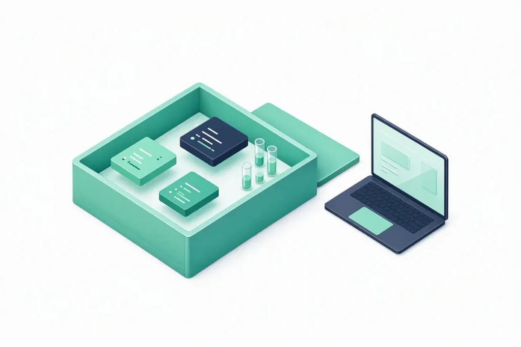 Developer-First API Platform: a sandbox box with code blocks and test tubes next to a laptop