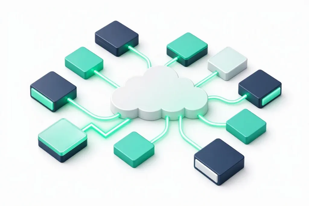 Verification API Platform: a central cloud platform connected to many API blocks by glowing lines, with a pulse line