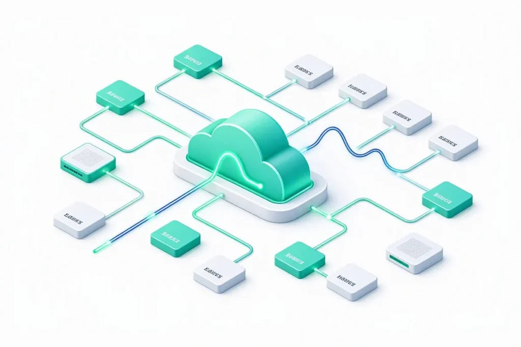 Verification API Platform: a central cloud platform connected to many API blocks by glowing lines, with a pulse line