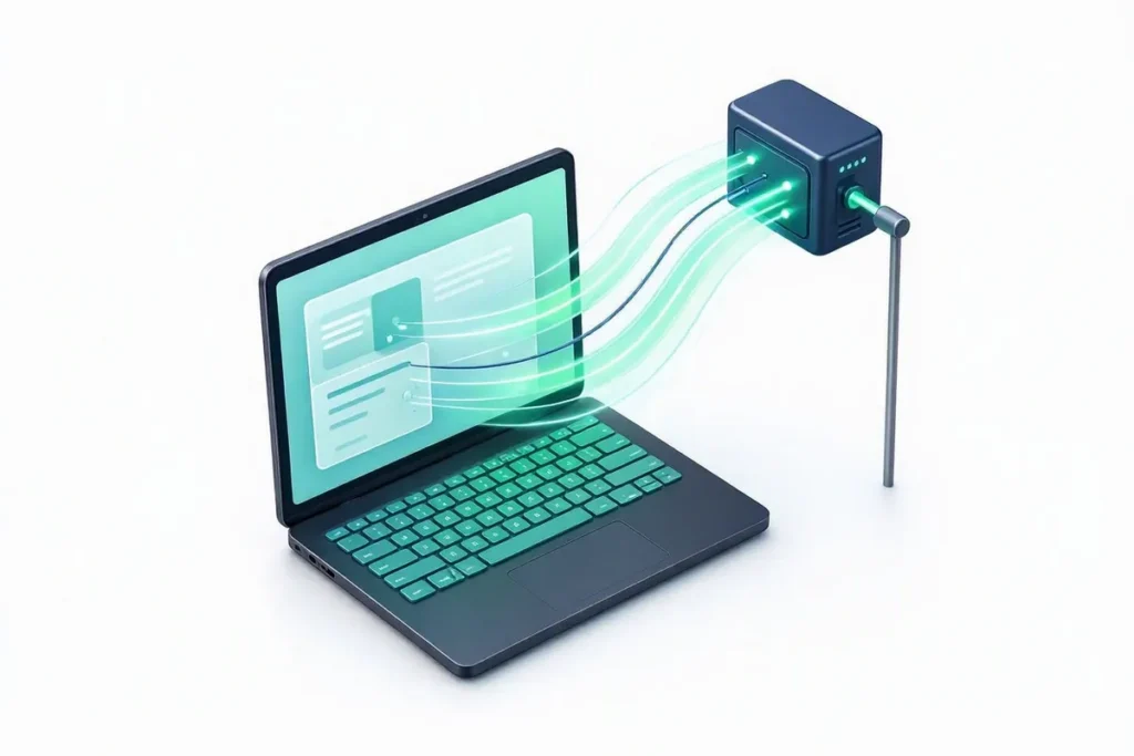 Verification API Platform: a developer laptop calling an API with fast responses shown as light streams