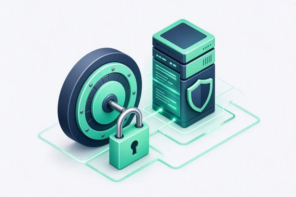 Bank-grade security: a vault door and padlock protecting a server stack, with encrypted data lines and a shield icon