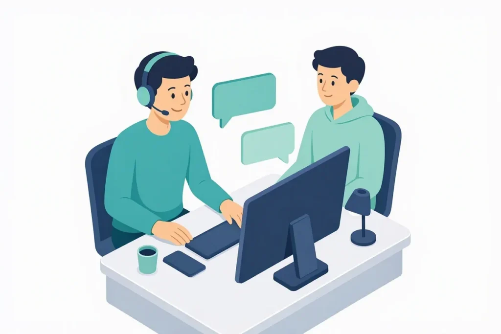 Dedicated Customer Support: a friendly support specialist with a headset at a desk helping a developer on a video call, with empty chat bubbles