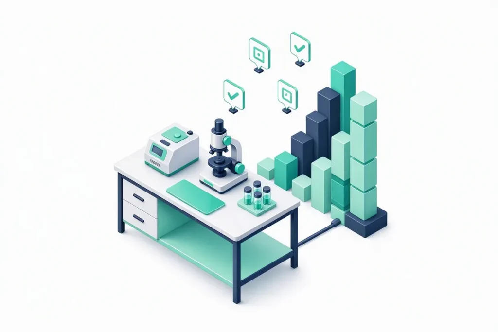 Innovation in Verification APIs: a research lab bench with verification icons and a rising chart