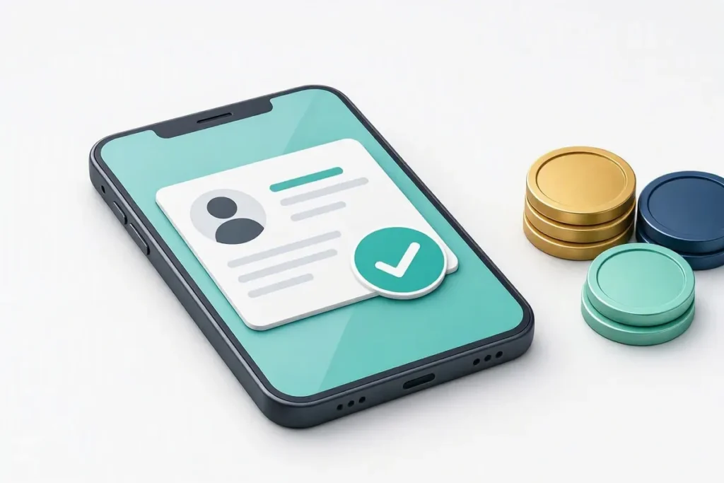 Verification APIs for Fintech: a lending app on a phone approving a borrower profile with a checkmark and coins