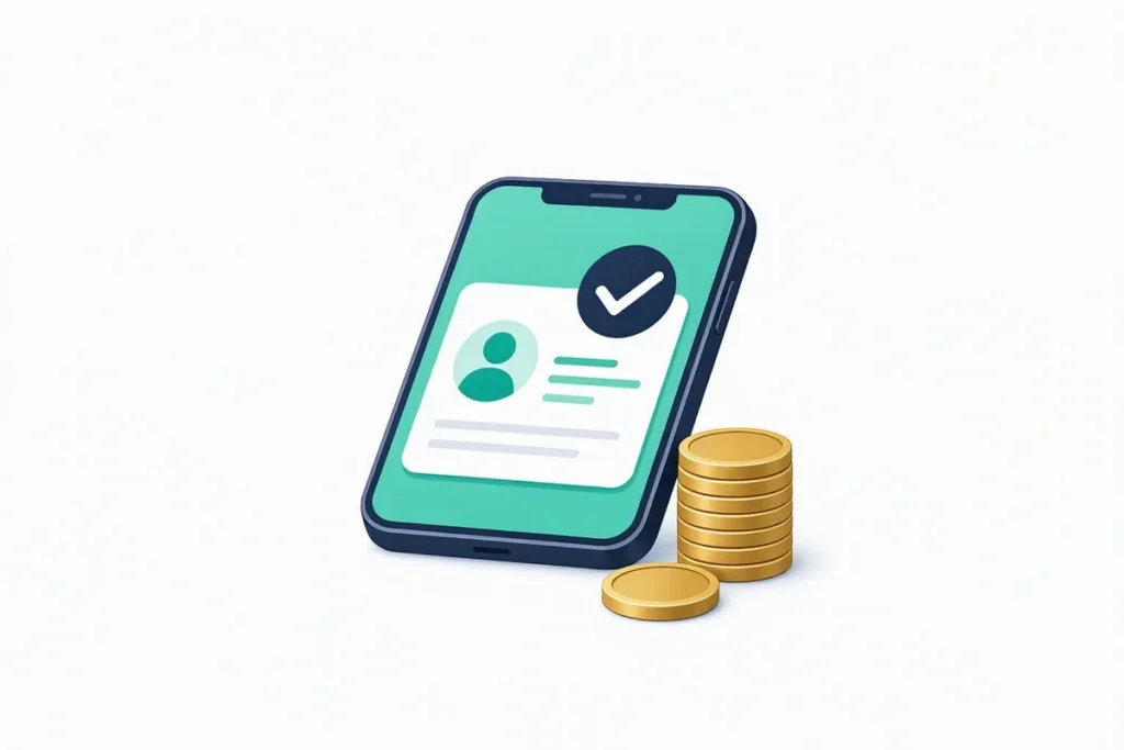 Fintech app development: a lending app on a phone approving a borrower profile after a KYC check