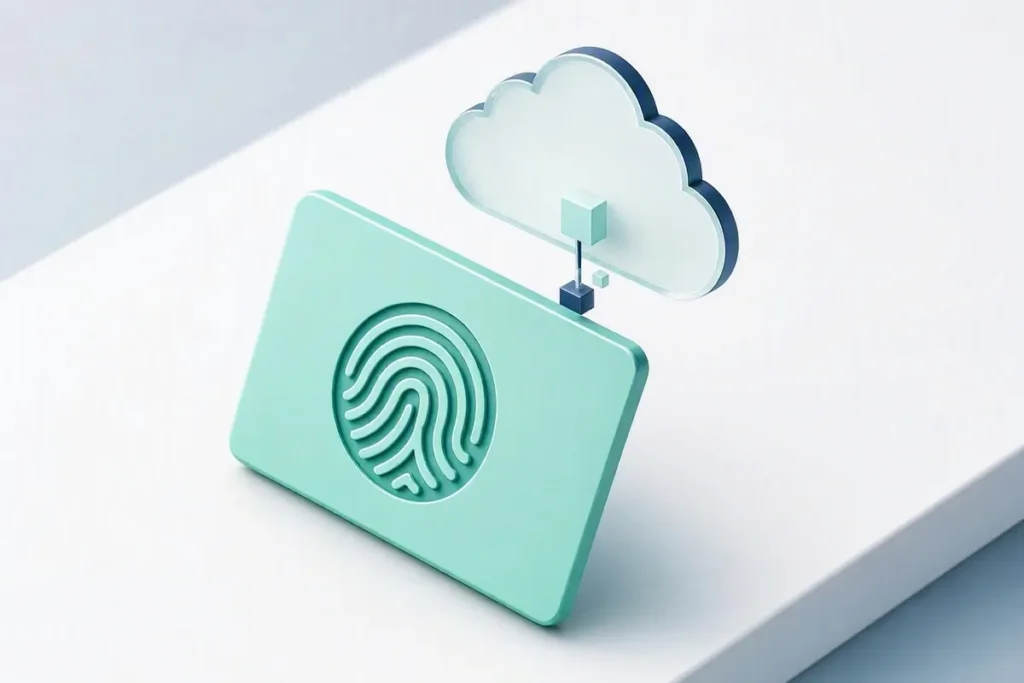 Aadhaar Verification API: an abstract identity card verified by a cloud API with a fingerprint icon
