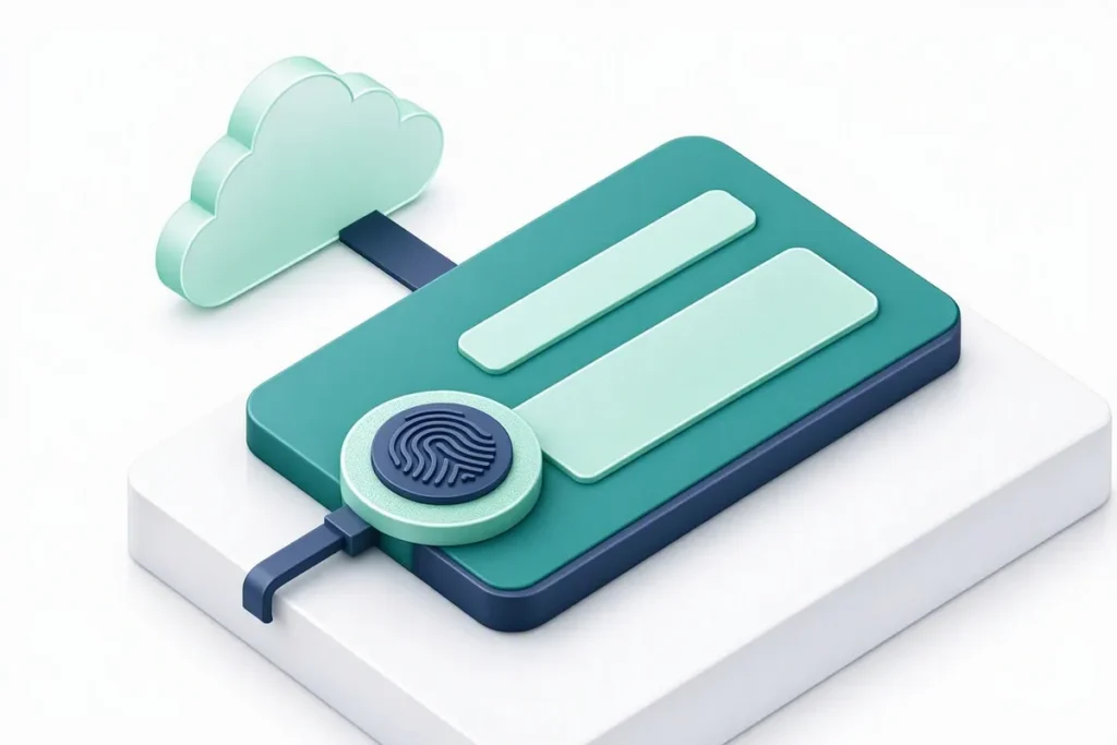 Aadhaar Verification API: an abstract identity card verified by a cloud API with a fingerprint icon