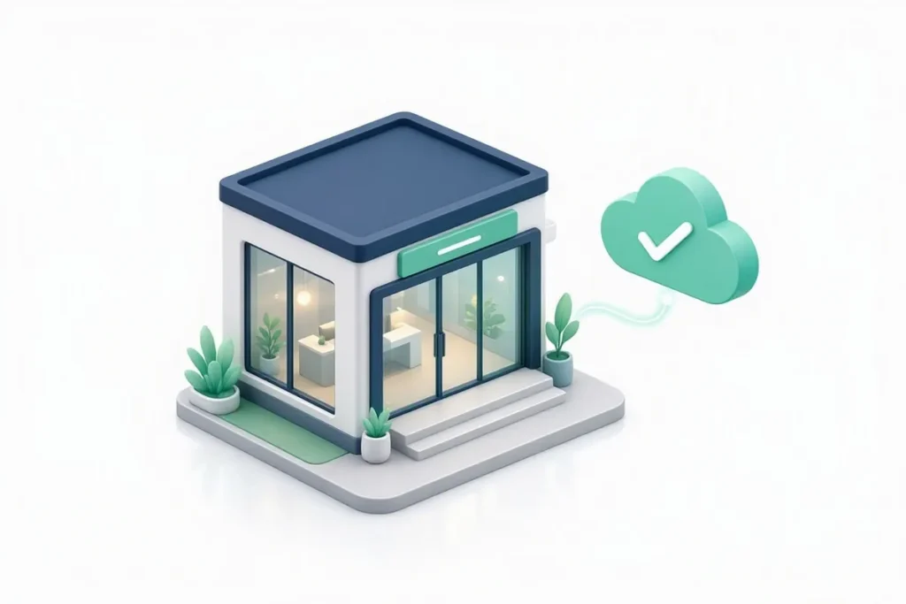 GST Verification API: a business storefront with a tax registration badge verified by a cloud API