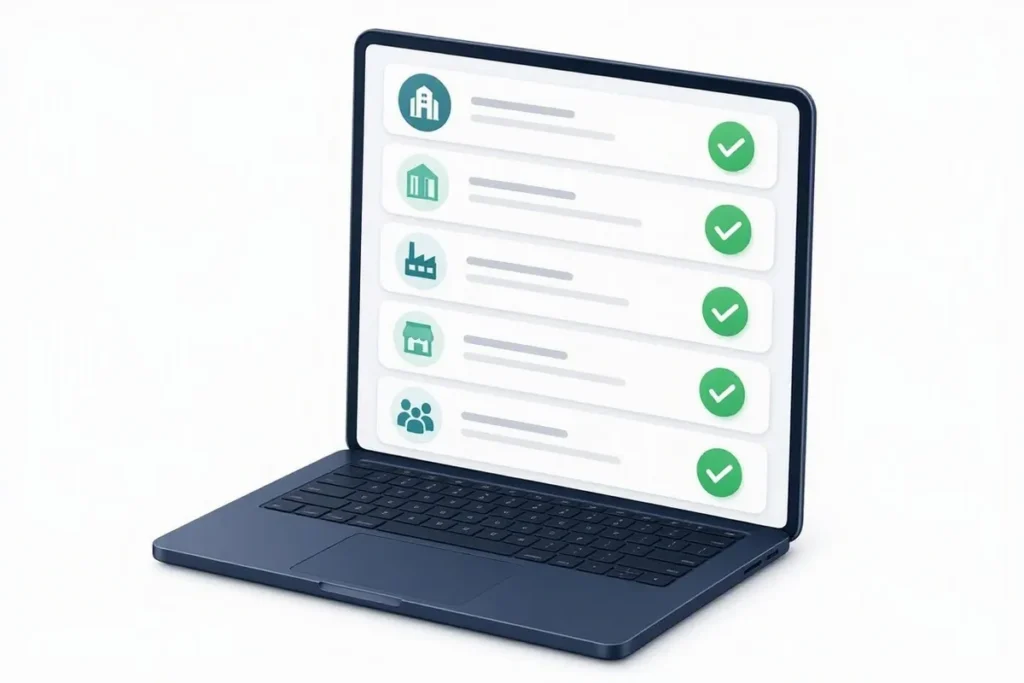 GST Verification API: a supplier list on a laptop with green checkmarks next to each business
