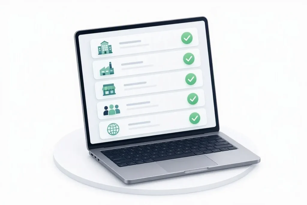 GST Verification API: a supplier list on a laptop with green checkmarks next to each business