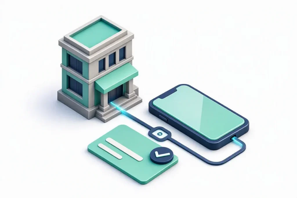 Bank Account Verification API: a bank building and a smartphone connected by a secure line, with a checkmark badge on an abstract account card