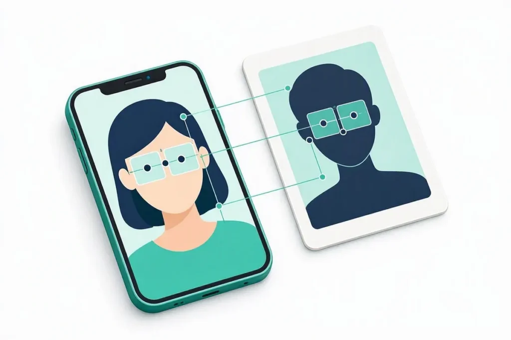 Face Match: a selfie on a phone compared with an ID photo silhouette by matching lines