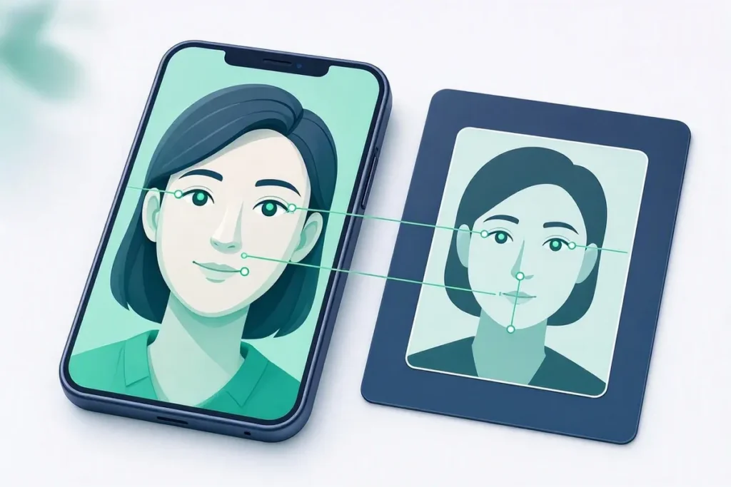 Face Match: a selfie on a phone compared with an ID photo silhouette by matching lines