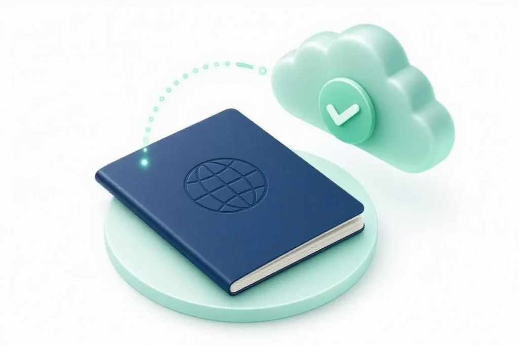 Passport Verification API: an abstract passport booklet verified by a cloud API with a checkmark
