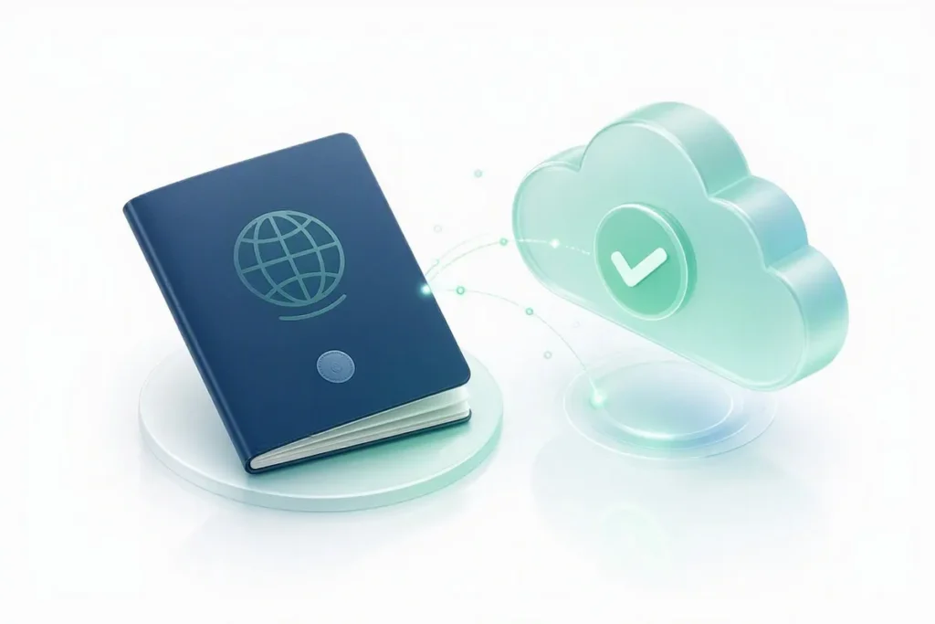 Passport Verification API: an abstract passport booklet verified by a cloud API with a checkmark