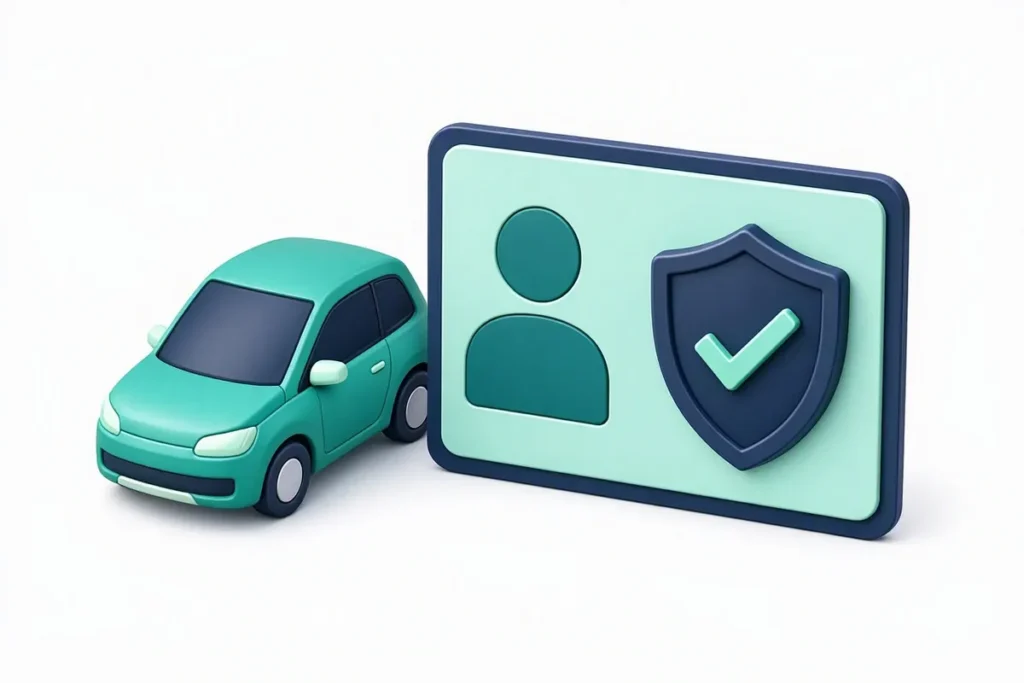 Driving License Verification API: a car beside an abstract driving licence card with a person silhouette, being verified by a shield and checkmark