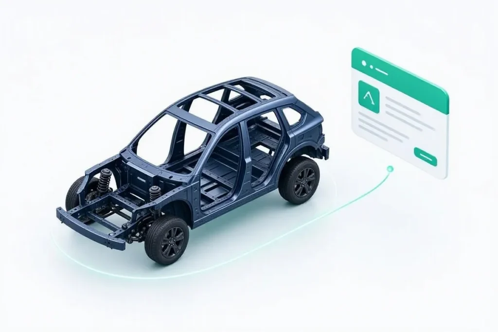 Chassis to RC Verification: a car chassis frame linked to a registration card by a glowing line